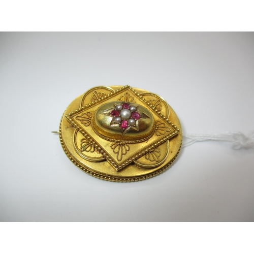 378 - Victorian Pinchbeck Locket Brooch Set with Rubies and Pearls