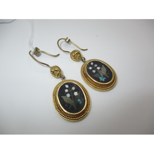 381 - Pair of Victorian Pietra Dura and Yellow Metal Ear Drops, 9.6g