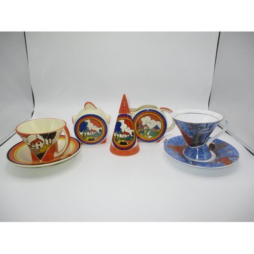 457 - Moorland Clarice Cliff Style Sugar Caster, Cream Jug, Sugar Box, Cup and Saucer, along with a Leonar... 