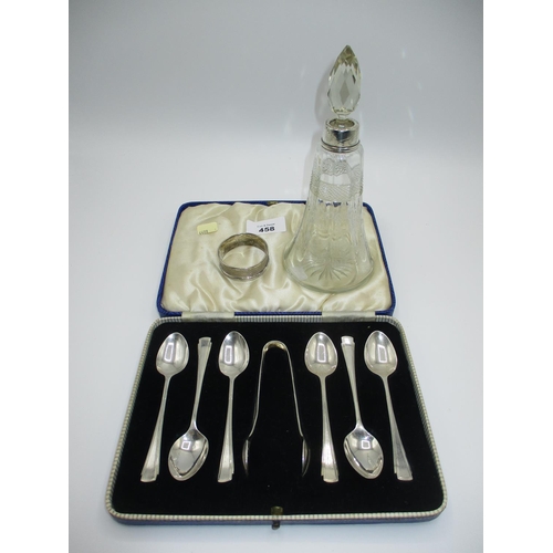 458 - Cased Set of 6 Silver Coffee Spoons, Sheffield 1927, Silver Napkin Ring and a Silver Mounted Glass S... 