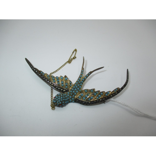 487 - 835 Silver Marcasite and Turquoise Swallow Brooch