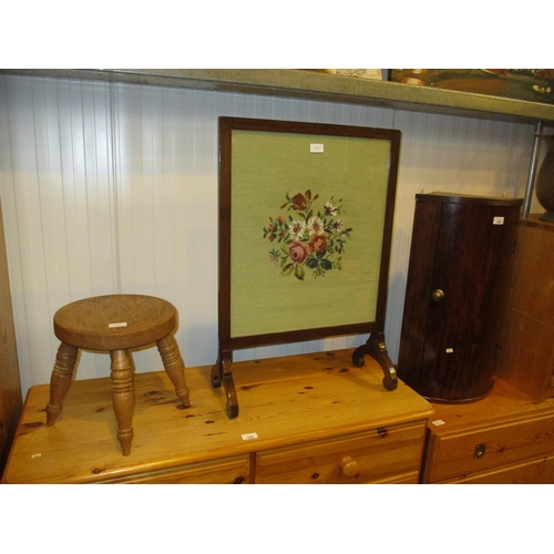 555 - Mahogany Corner Cabinet, Tapestry Fire Screen and a Stool