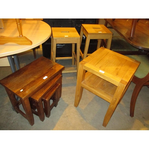 579 - Two Wooden Stools, Occasional Table and Nest of 3 Tables