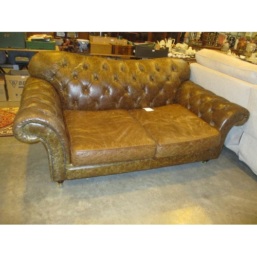 608 - Brown Leather Deep Buttoned 2 Seat Settee