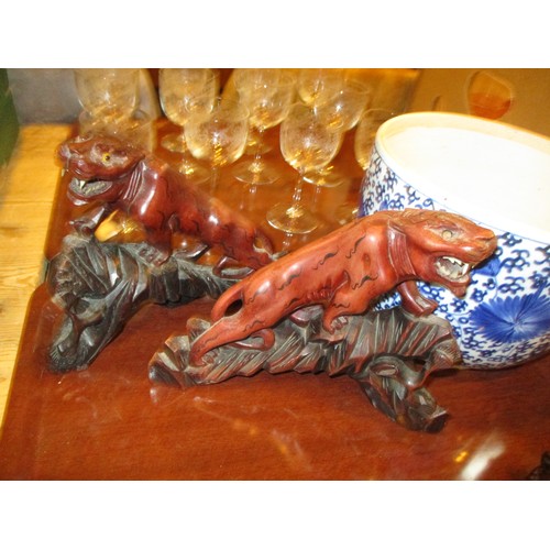 205 - Oriental Carved Wood Tigers and Figures, Faulty Blue and White Jardinière etc