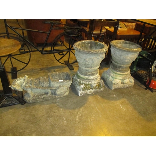 134 - Pair of Cast Stone Garden Planters and a Horse and Cart Planter