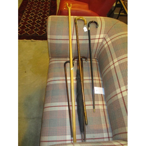 136 - 9ct Gold Mounted Walking Stick, 3 Walking Sticks, Wading Stick and a Gents Umbrella