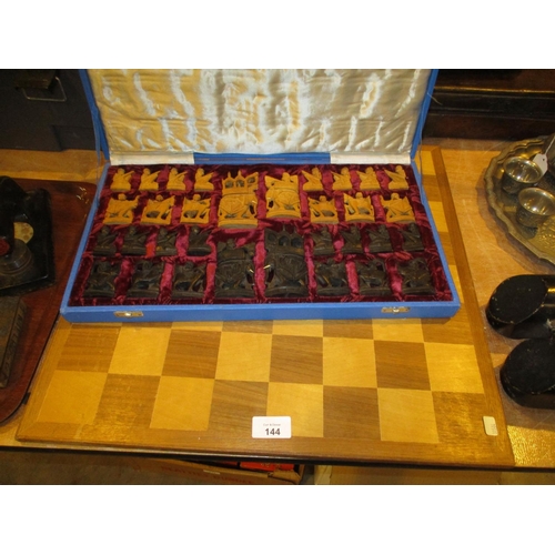 144 - Indian Carved Wood Chess Set with Board