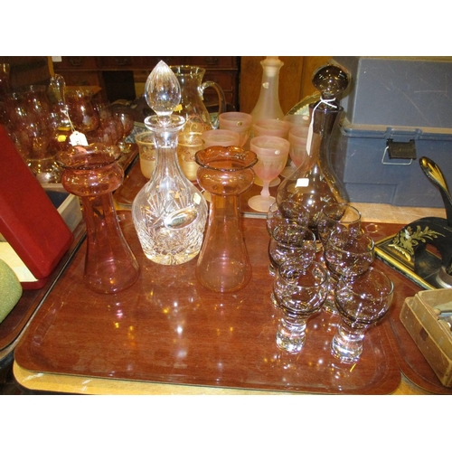 148 - Pair of Rose Glass Hyacinth Vases, Crystal Decanter and a 7 Piece Wine Set