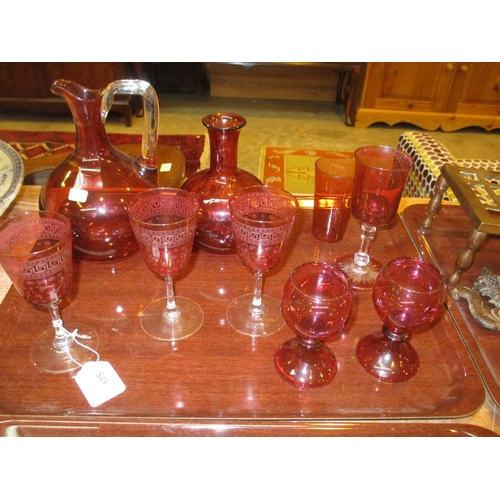 175 - Ruby Glass Jug, Carafe and 6 Goblets and a Tumbler