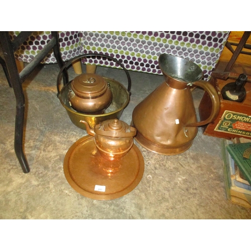 209 - Copper 2 Gallon Jug, Pot, Kettle and Tray, along with a Brass Jam Pan