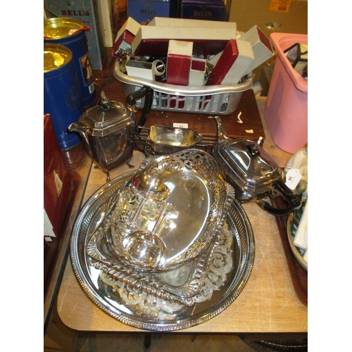 54 - Silver Plated 4 Piece Tea Service, Trays, Baskets, Part Canteen of Cutlery and Other Cutlery