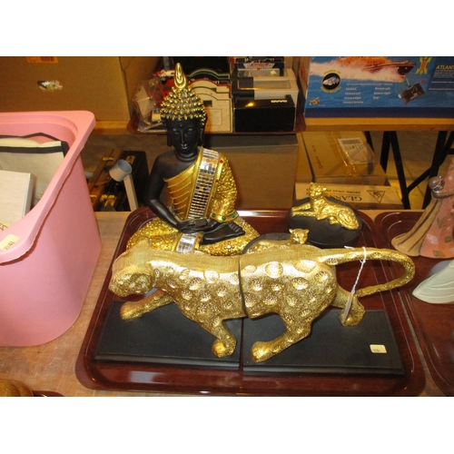 57 - Leopard Bookends and Pair of Trinket Boxes and a Buddha Figure