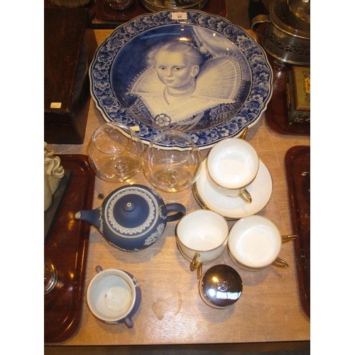 68 - Delft Portrait Plaque, Wedgwood Teapot, Tea China, EIIR Brandy Goblets etc