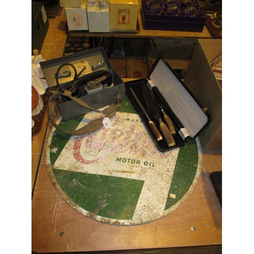 85 - Castrol Sign, Field Telephone and a Horn Handle Carving Set