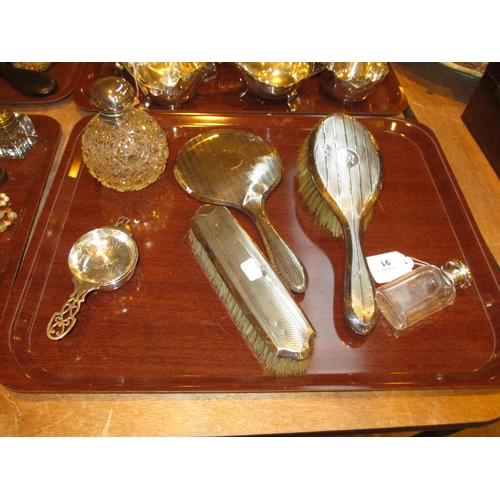 91 - Silver Back 3 Piece Dressing Table Set, Scent Bottle, Salts Bottle and Tea Strainer