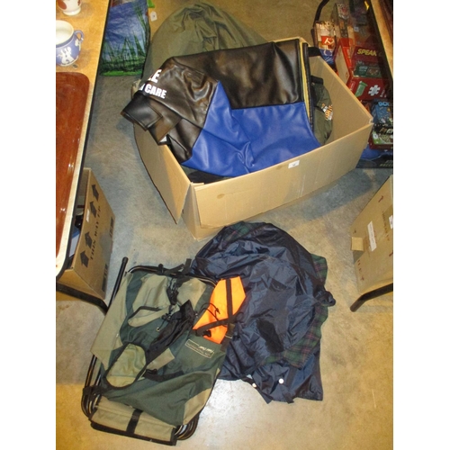 94 - Box of Fishing Clothing, Chair, 2 Knives etc