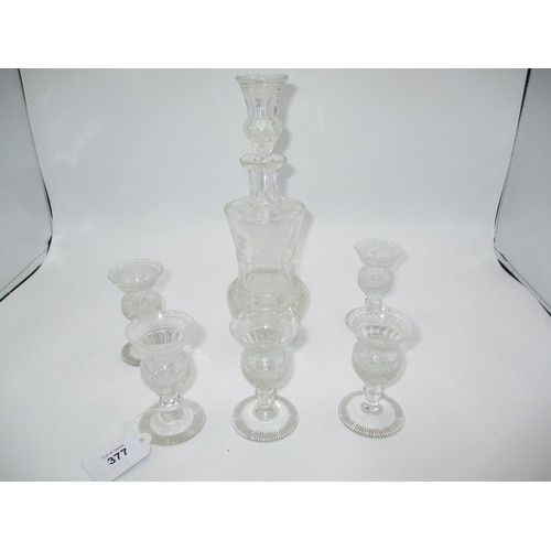 377 - Crystal Thistle Engraved Liqueur Decanter and 5 Glasses