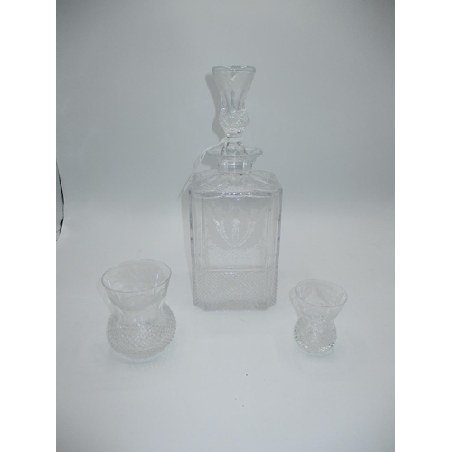 381 - Edinburgh Crystal Thistle Engraved Whisky Decanter and 2 Tumblers