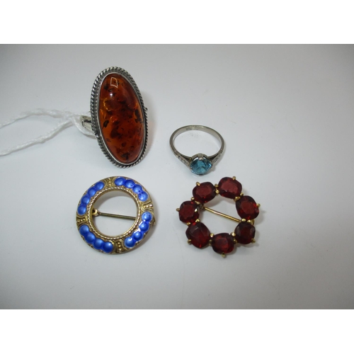 392 - Silver and Enamel Brooch Stamped OPRO, Garnet Brooch, Amber Ring and Blue Stone Ring