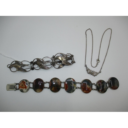 393 - Shetland Silver Bird Bracelet, Ola Gorie Silver Necklace and an Agate Bracelet