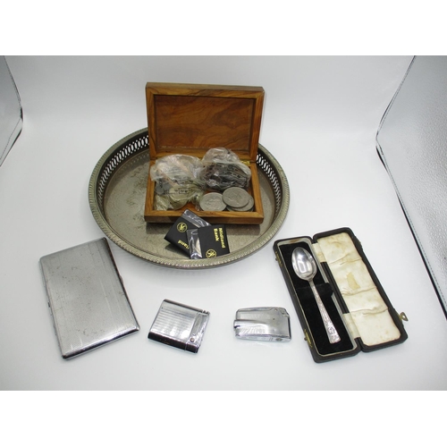 402 - Silver Plated Tray, 1953 Coronation Spoon, 2 Lighters, Cigarette Case and a Box of Coins