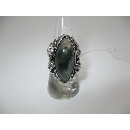 523 - Arts & Crafts Style Large Ring Set with a Pointed Oval Grey/Green Moss Agate