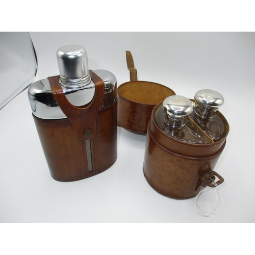 562 - Early 20th Century Pair of Silver Top Glass Spirit Flasks in a Leather Travelling Case, London 1901,... 