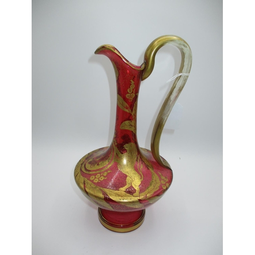 565 - Victorian Ruby Glass and Gilded Roman Design Wine Jug, 29cm