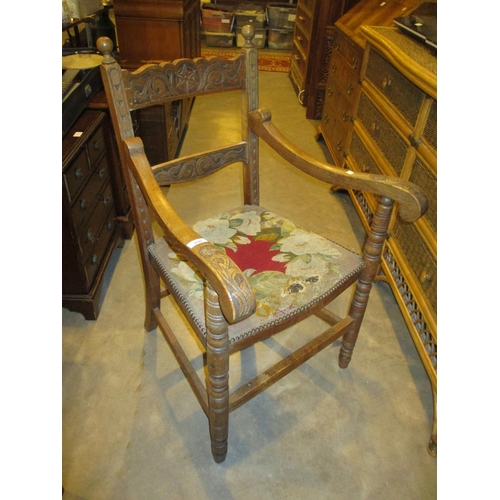 699 - Carved Wood Hall Chair with Tapestry Seat