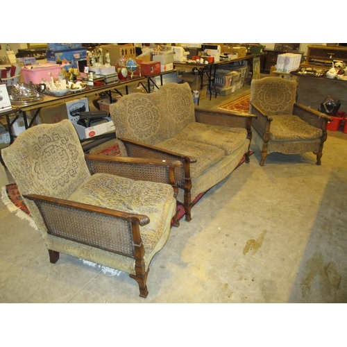 703 - Early 20th Century Double Caned Bergere 3 Piece Lounge Suite