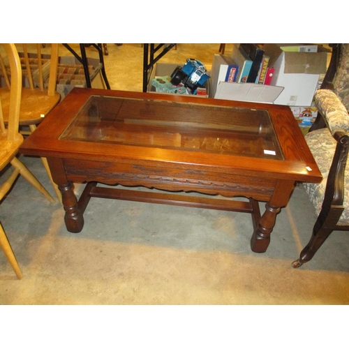 741 - Old Charm Oak and Glass Top Display Coffee Table, 100x51cm