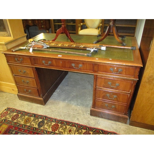 748 - Reproduction Mahogany and Green Leather Double Pedestal Partners Desk, 152x90cm