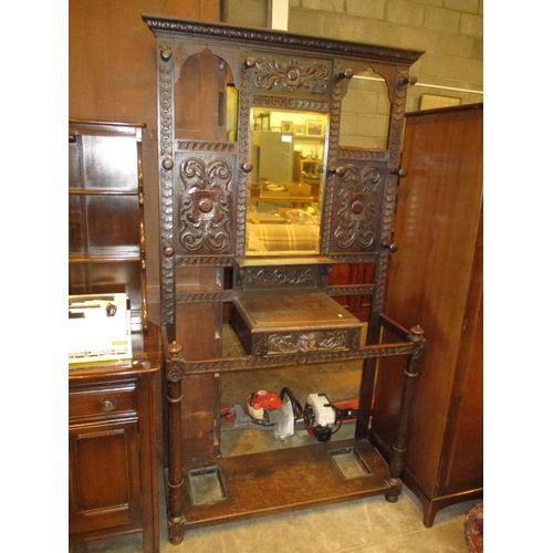 757 - Victorian Gothic Carved Oak Mirror Panel Hallstand, 108cm