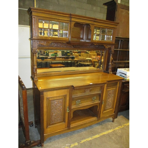 759 - Late Victorian Carved Oak Sideboard having a Mirror and Glazed Cupboard Back, 152cm