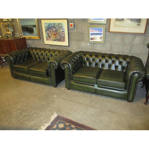 801 - Pair of Chesterfield Deep Buttoned Green Leather 2 Seat Settees