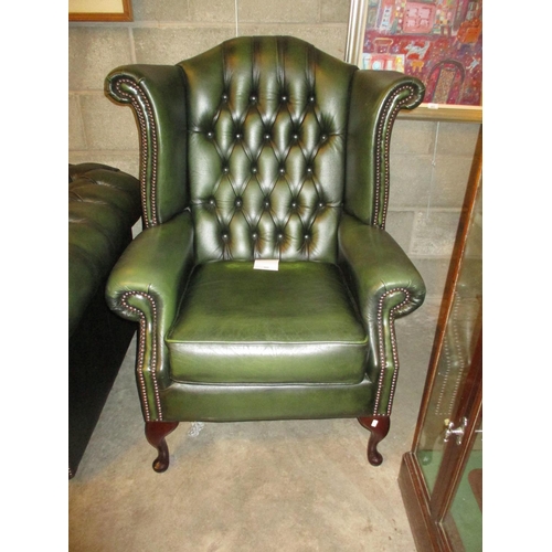 802 - Chesterfield Deep Buttoned Green Leather Wing Back Chair