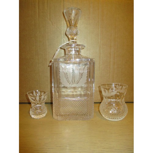 381 - Edinburgh Crystal Thistle Engraved Whisky Decanter and 2 Tumblers