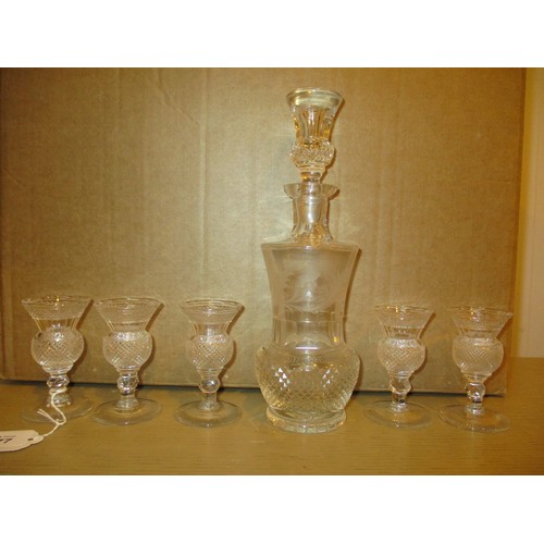 377 - Crystal Thistle Engraved Liqueur Decanter and 5 Glasses