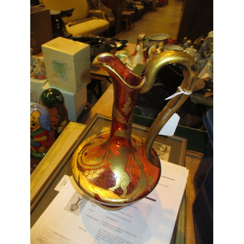 565 - Victorian Ruby Glass and Gilded Roman Design Wine Jug, 29cm