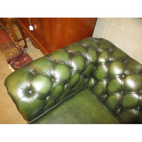 801 - Pair of Chesterfield Deep Buttoned Green Leather 2 Seat Settees