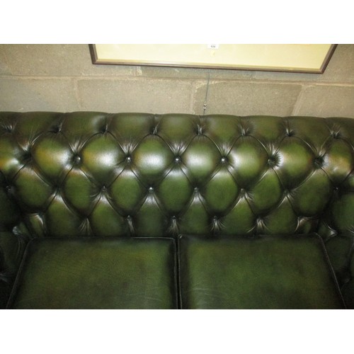 801 - Pair of Chesterfield Deep Buttoned Green Leather 2 Seat Settees