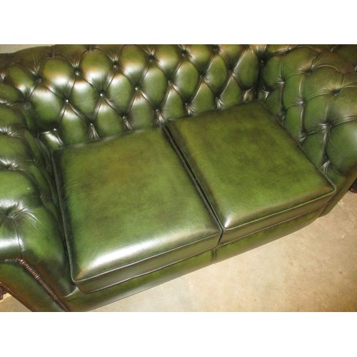 801 - Pair of Chesterfield Deep Buttoned Green Leather 2 Seat Settees