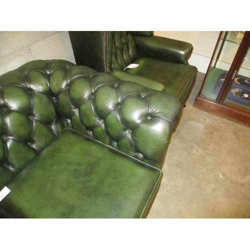 801 - Pair of Chesterfield Deep Buttoned Green Leather 2 Seat Settees