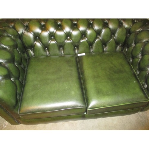 801 - Pair of Chesterfield Deep Buttoned Green Leather 2 Seat Settees