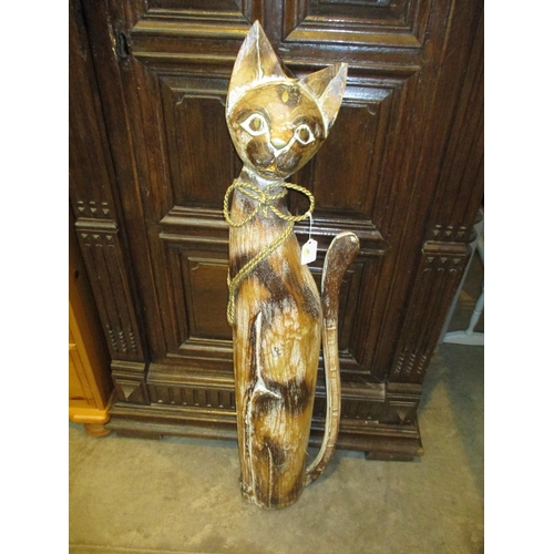 120 - Tall Carved Wood Seated Cat, 100cm