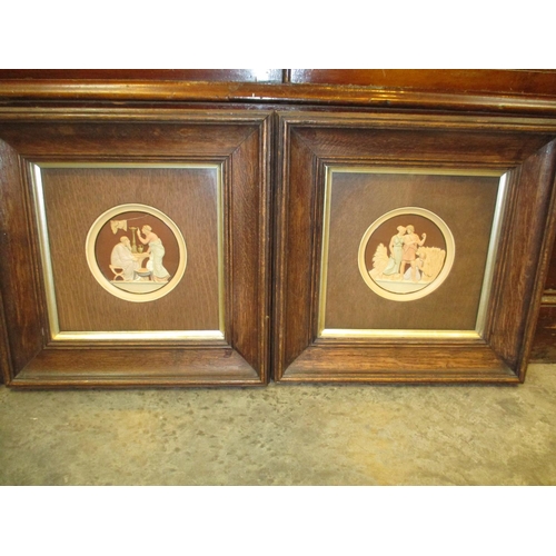 140 - Set of 4 Early 20th Century Classical Panels in Oak Frames, each panel 25cm, one cracked