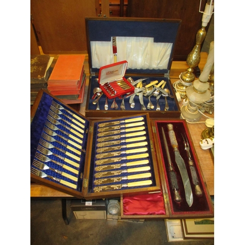 142 - Canteen of 12 Pairs of Fish Cutlery, Cased Carving Set, Part Canteen and Splayds