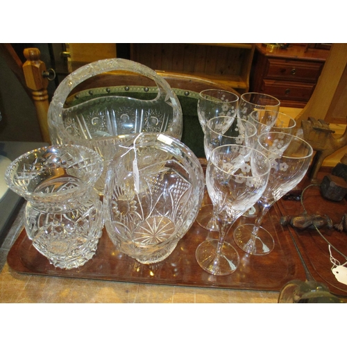 144 - Set of 6 Wine Goblets, 2 Crystal Baskets and a Vase