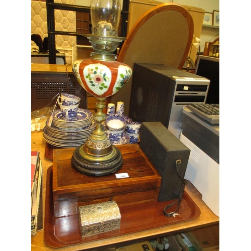 148 - Victorian Oil Lamp, Work Box, Jewel Box and Pair of Binoculars